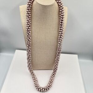 Vintage Pink Faux Pearl Woven Rope Necklace Long Multi Strand Chunky Statement‎